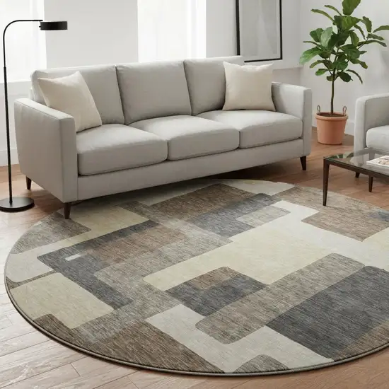 8' Chocolate Beige And Black Abstract Geometric Washable Round Rug With UV Protection Photo 2
