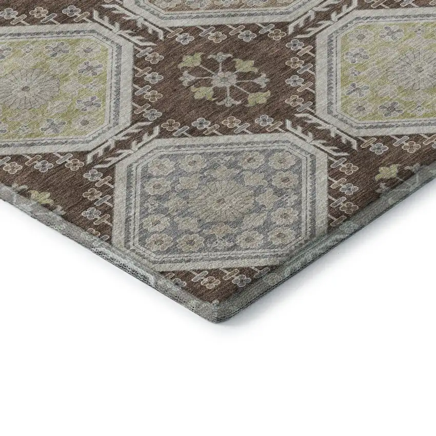 8' Chocolate Beige And Blue Floral Washable Area Rug With UV Protection Photo 7
