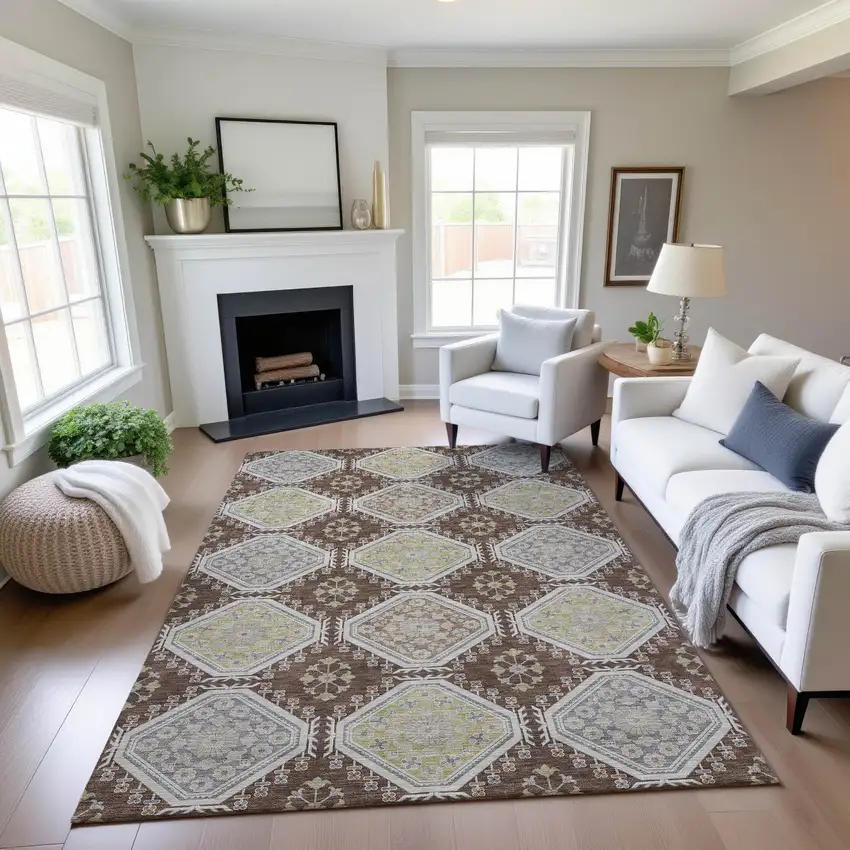 8' Chocolate Beige And Blue Floral Washable Area Rug With UV Protection Photo 4