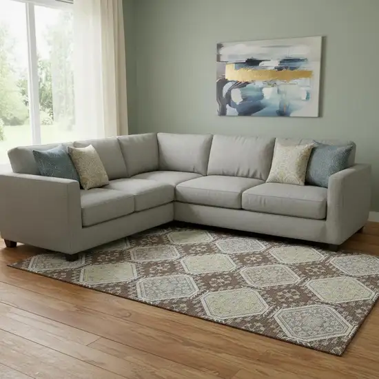 8' Chocolate Beige And Blue Floral Washable Area Rug With UV Protection Photo 2