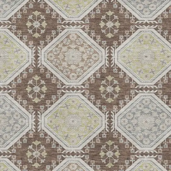 8' Chocolate Beige And Blue Floral Washable Area Rug With UV Protection Photo 2