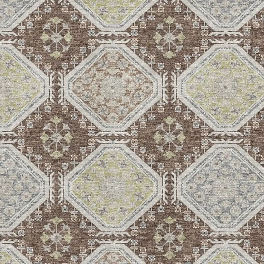 8' Chocolate Beige And Blue Floral Washable Area Rug With UV Protection Photo 2