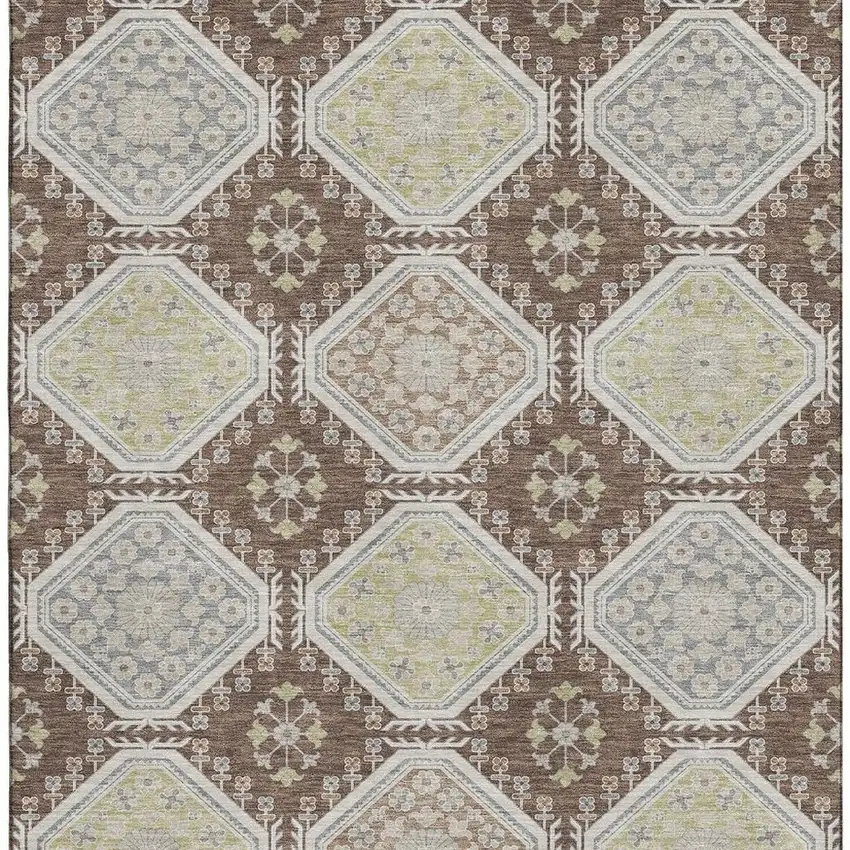 8' Chocolate Beige And Blue Floral Washable Area Rug With UV Protection Photo 3