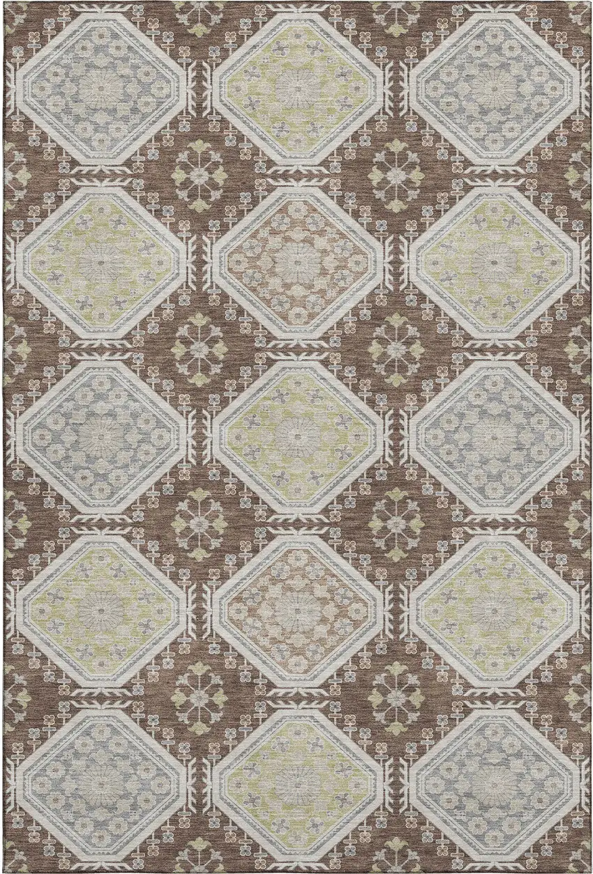 8' Chocolate Beige And Blue Floral Washable Area Rug With UV Protection Photo 1