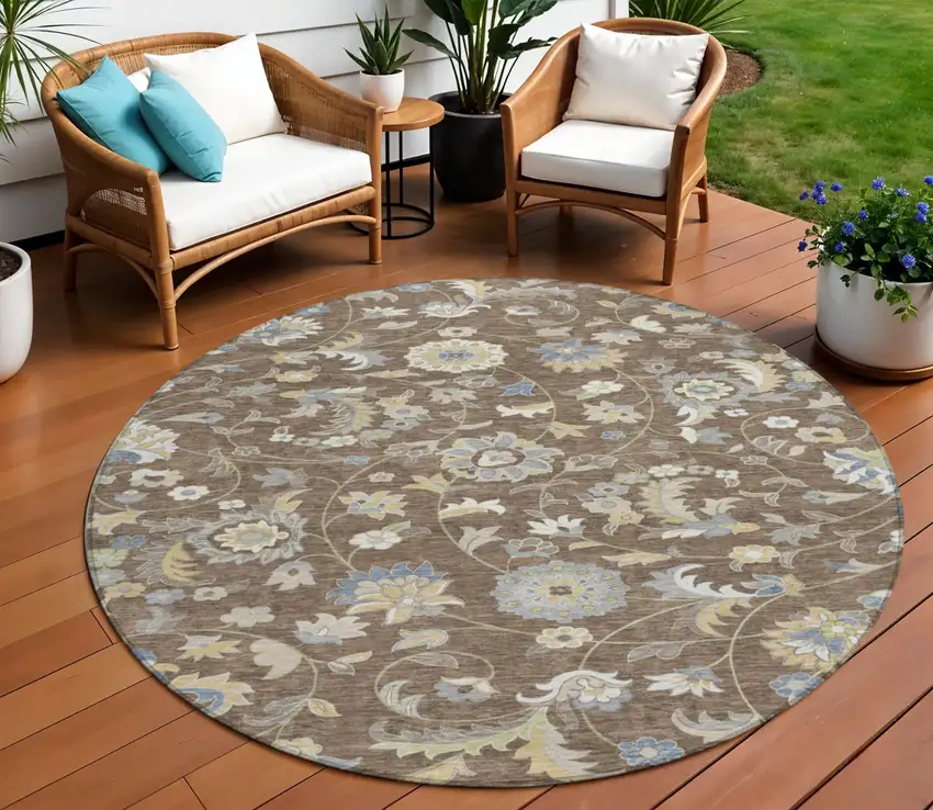 8' Chocolate Beige And Blue Round Floral Washable Indoor Outdoor Area Rug Photo 2