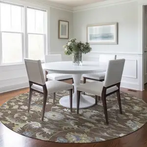 Photo of 8' Chocolate Beige And Blue Round Floral Washable Indoor Outdoor Area Rug