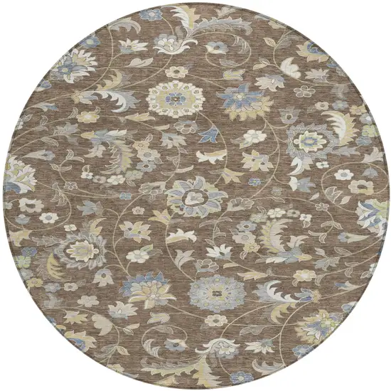8' Chocolate Beige And Blue Round Floral Washable Indoor Outdoor Area Rug Photo 1