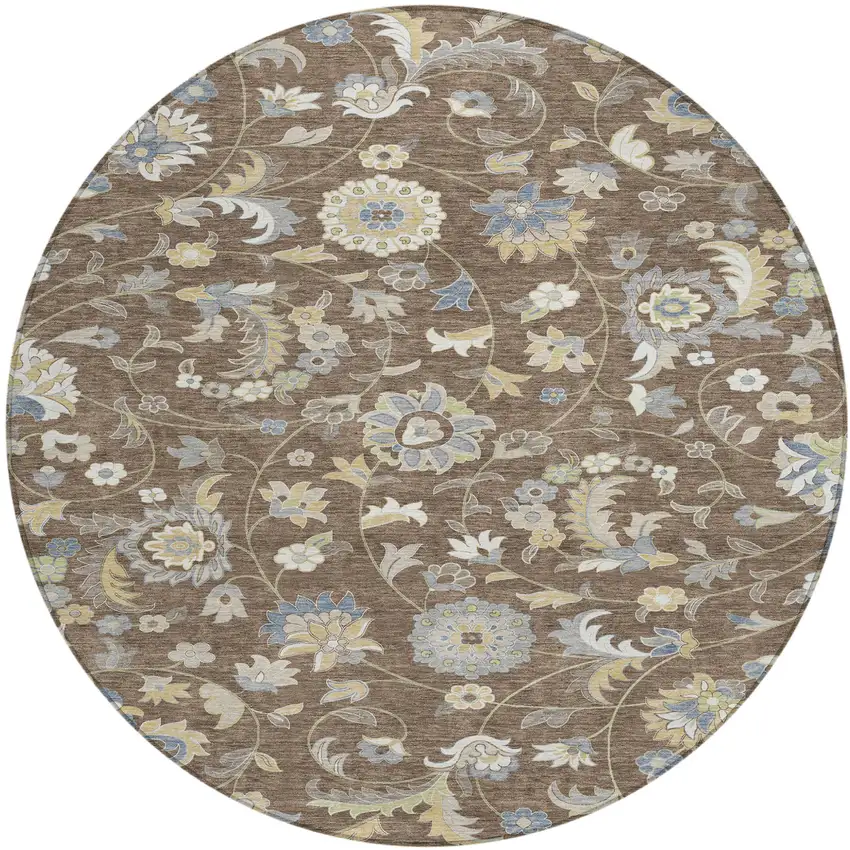8' Chocolate Beige And Blue Round Floral Washable Indoor Outdoor Area Rug Photo 1