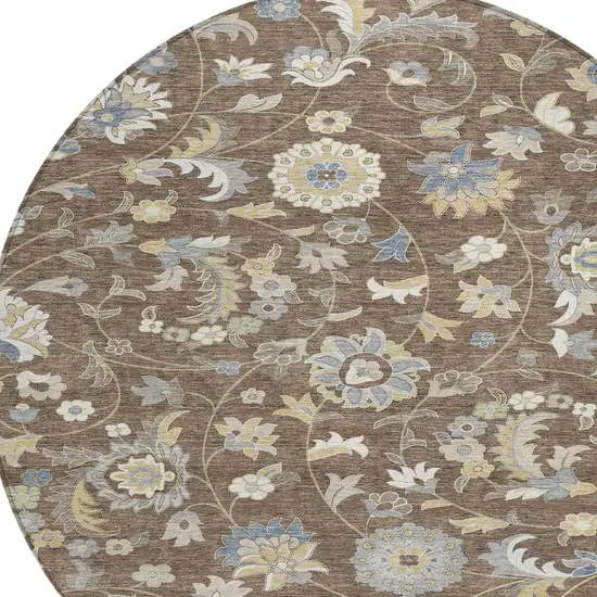 8' Chocolate Beige And Blue Round Floral Washable Indoor Outdoor Area Rug Photo 5