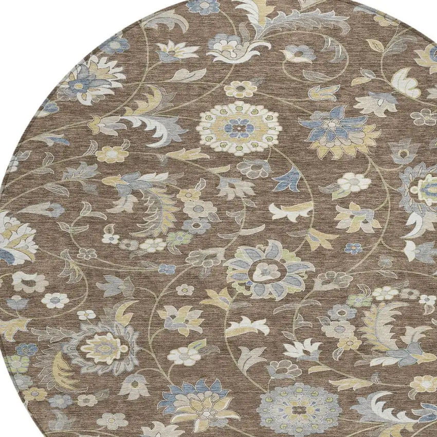 8' Chocolate Beige And Blue Round Floral Washable Indoor Outdoor Area Rug Photo 5
