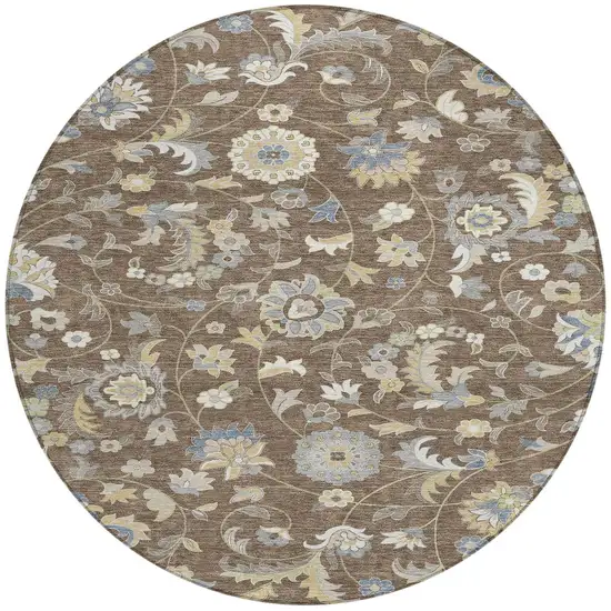8' Chocolate Beige And Blue Round Floral Washable Indoor Outdoor Area Rug Photo 6