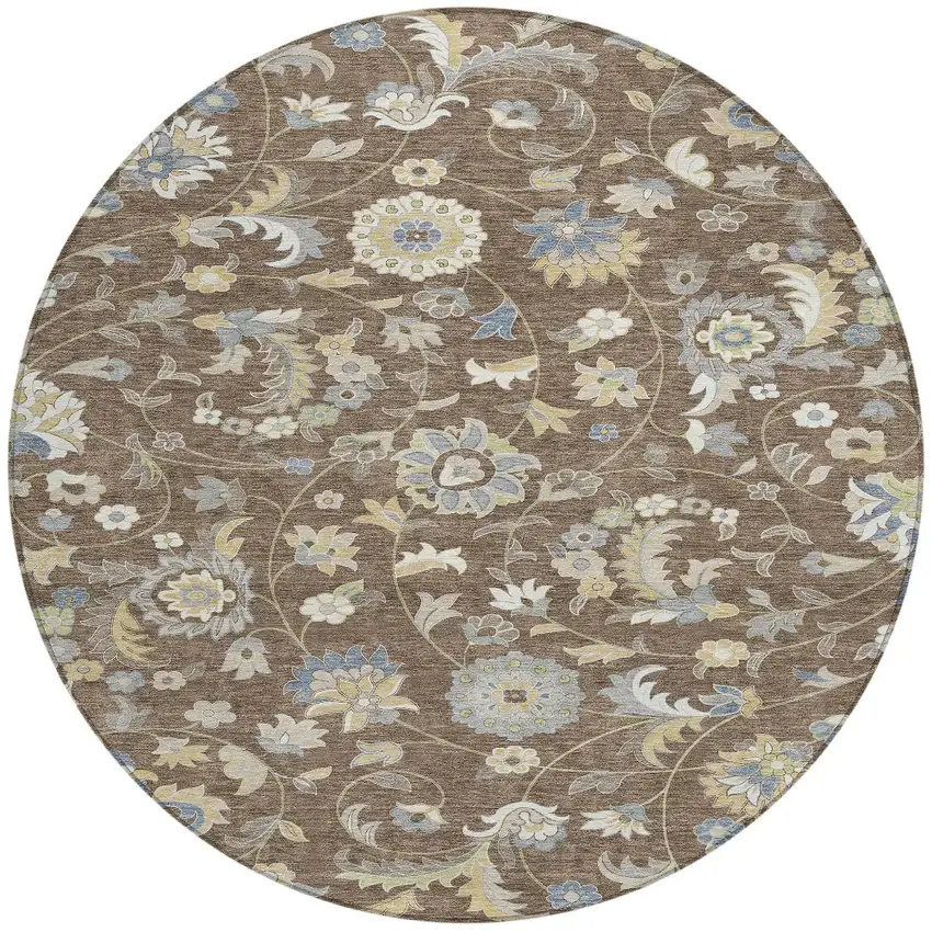 8' Chocolate Beige And Blue Round Floral Washable Indoor Outdoor Area Rug Photo 6