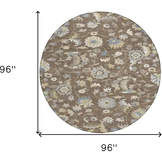 8' Chocolate Beige And Blue Round Floral Washable Indoor Outdoor Area Rug Photo 3