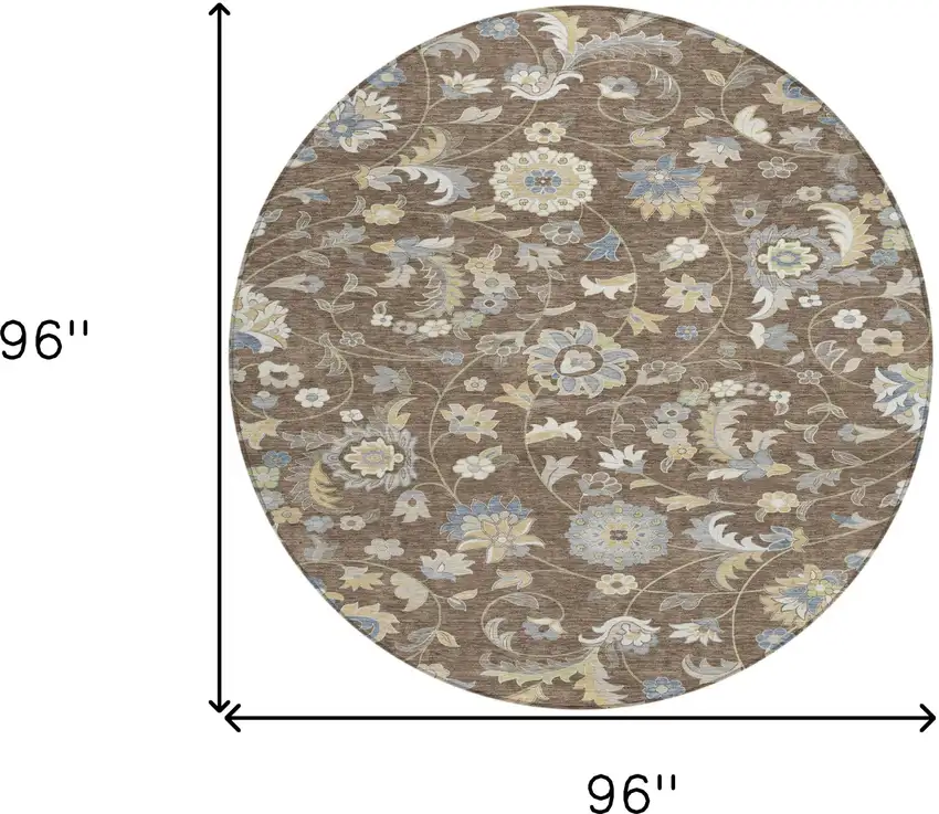 8' Chocolate Beige And Blue Round Floral Washable Indoor Outdoor Area Rug Photo 3
