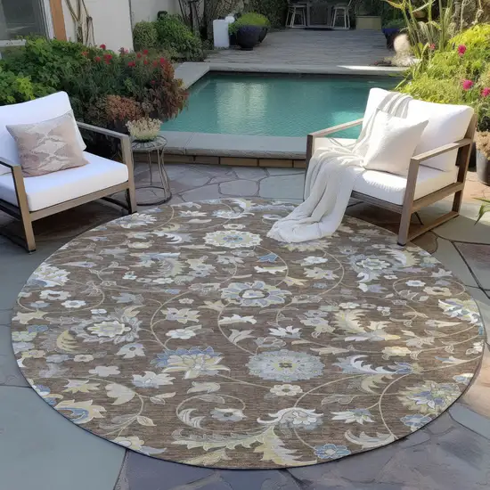 8' Chocolate Beige And Blue Round Floral Washable Indoor Outdoor Area Rug Photo 7