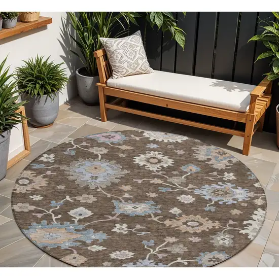 8' Chocolate Beige And Blue Round Floral Washable Indoor Outdoor Area Rug Photo 1
