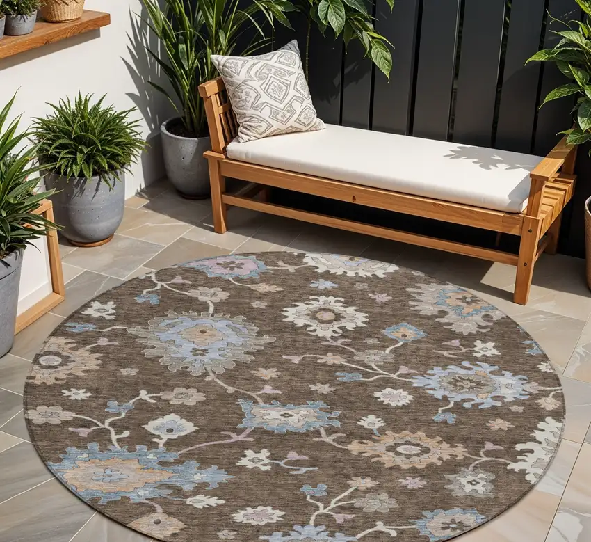 8' Chocolate Beige And Blue Round Floral Washable Indoor Outdoor Area Rug Photo 1