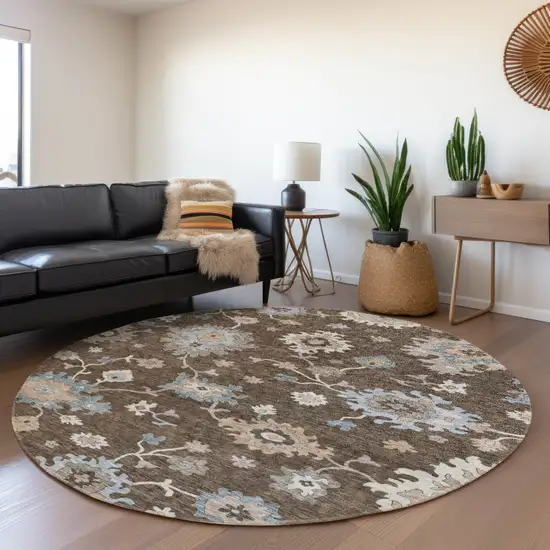 8' Chocolate Beige And Blue Round Floral Washable Indoor Outdoor Area Rug Photo 8