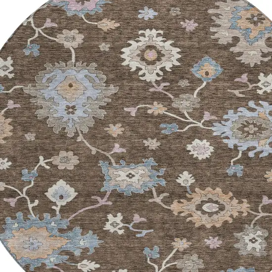 8' Chocolate Beige And Blue Round Floral Washable Indoor Outdoor Area Rug Photo 5