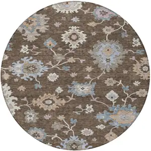 Photo of 8' Chocolate Beige And Blue Round Floral Washable Indoor Outdoor Area Rug