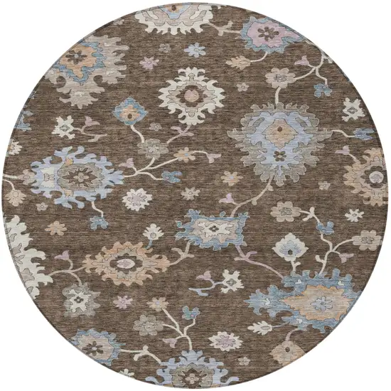 8' Chocolate Beige And Blue Round Floral Washable Indoor Outdoor Area Rug Photo 6