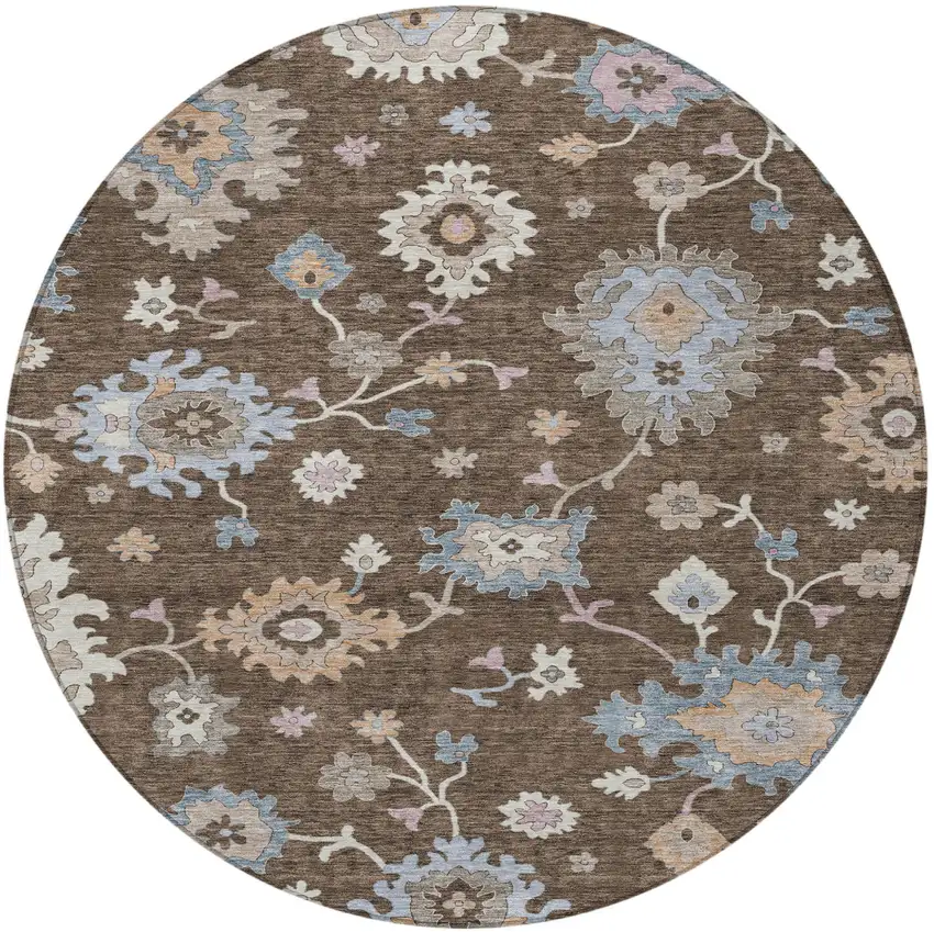 8' Chocolate Beige And Blue Round Floral Washable Indoor Outdoor Area Rug Photo 6