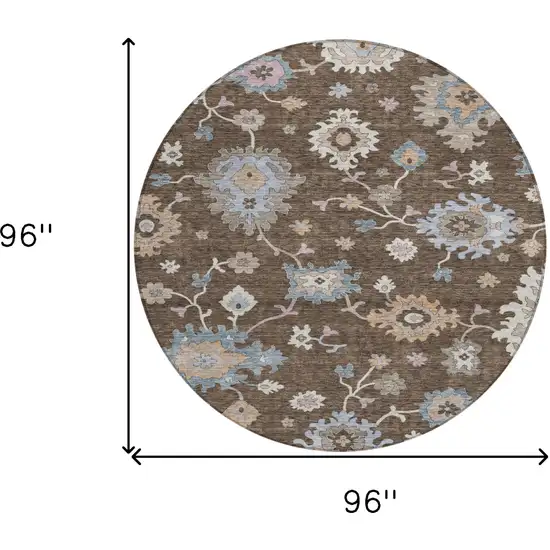 8' Chocolate Beige And Blue Round Floral Washable Indoor Outdoor Area Rug Photo 3