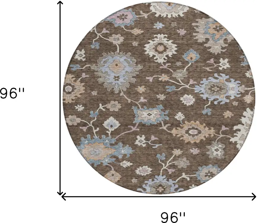 8' Chocolate Beige And Blue Round Floral Washable Indoor Outdoor Area Rug Photo 3