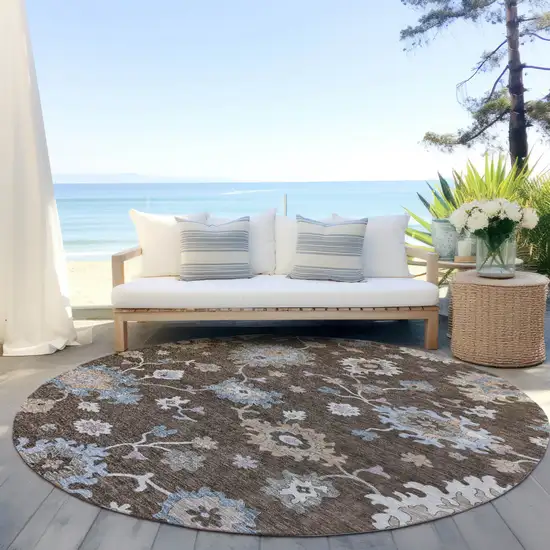 8' Chocolate Beige And Blue Round Floral Washable Indoor Outdoor Area Rug Photo 7