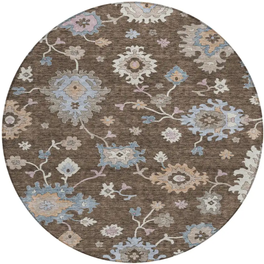 8' Chocolate Beige And Blue Round Floral Washable Indoor Outdoor Area Rug Photo 2