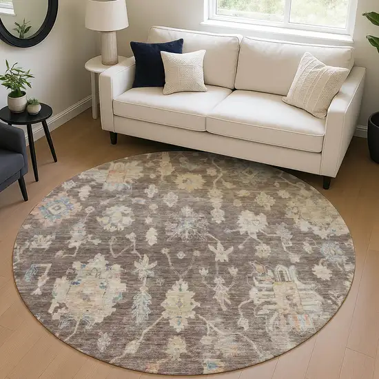 8' Chocolate Beige And Blue Round Floral Washable Indoor Outdoor Area Rug Photo 5
