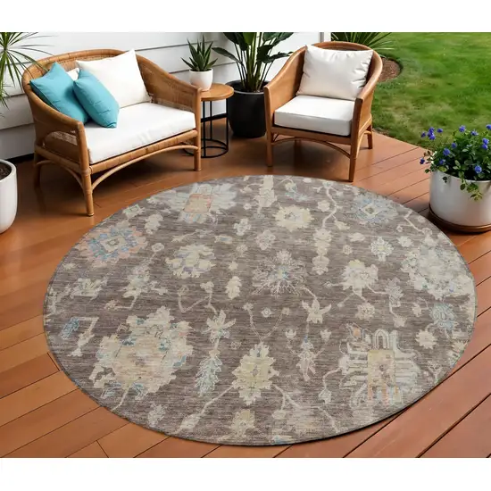 8' Chocolate Beige And Blue Round Floral Washable Indoor Outdoor Area Rug Photo 6