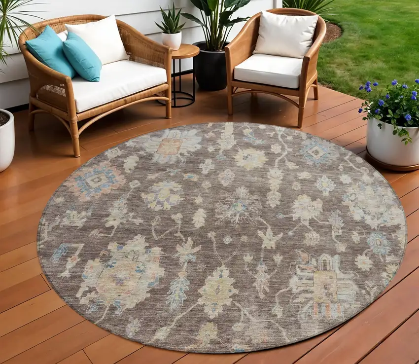 8' Chocolate Beige And Blue Round Floral Washable Indoor Outdoor Area Rug Photo 6