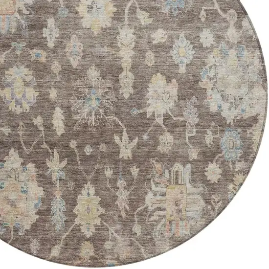 8' Chocolate Beige And Blue Round Floral Washable Indoor Outdoor Area Rug Photo 2