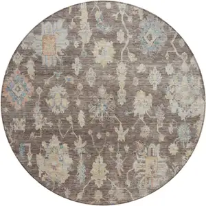Photo of 8' Chocolate Beige And Blue Round Floral Washable Indoor Outdoor Area Rug