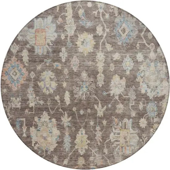 8' Chocolate Beige And Blue Round Floral Washable Indoor Outdoor Area Rug Photo 1