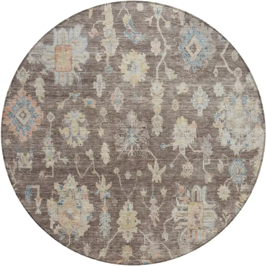 8' Chocolate Beige And Blue Round Floral Washable Indoor Outdoor Area Rug Photo 1