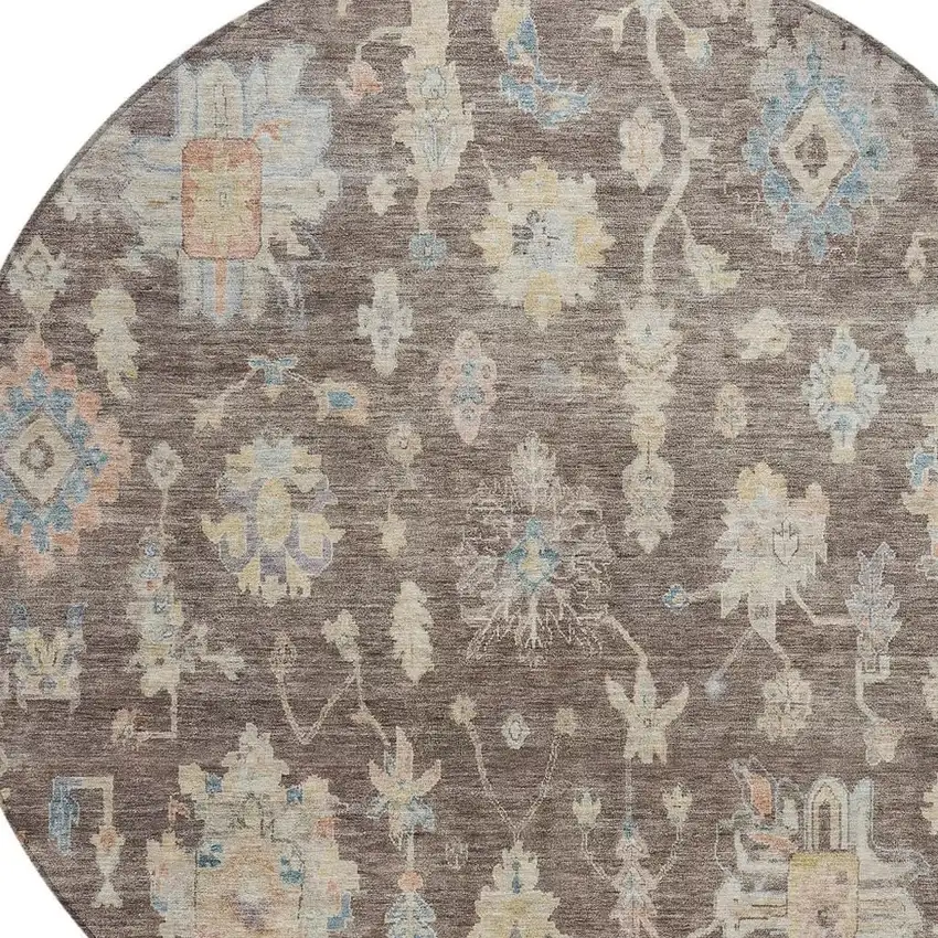 8' Chocolate Beige And Blue Round Floral Washable Indoor Outdoor Area Rug Photo 3