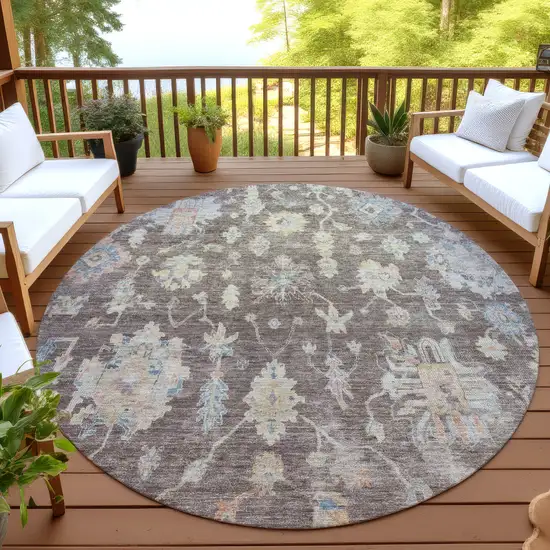 8' Chocolate Beige And Blue Round Floral Washable Indoor Outdoor Area Rug Photo 4