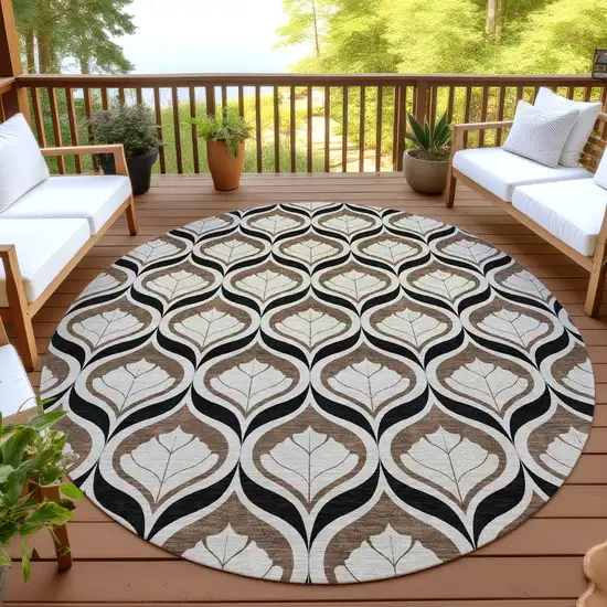 8' Chocolate Beige And Brown Round Geometric Washable Indoor Outdoor Area Rug Photo 4