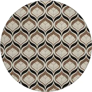 Photo of 8' Chocolate Beige And Brown Round Geometric Washable Indoor Outdoor Area Rug