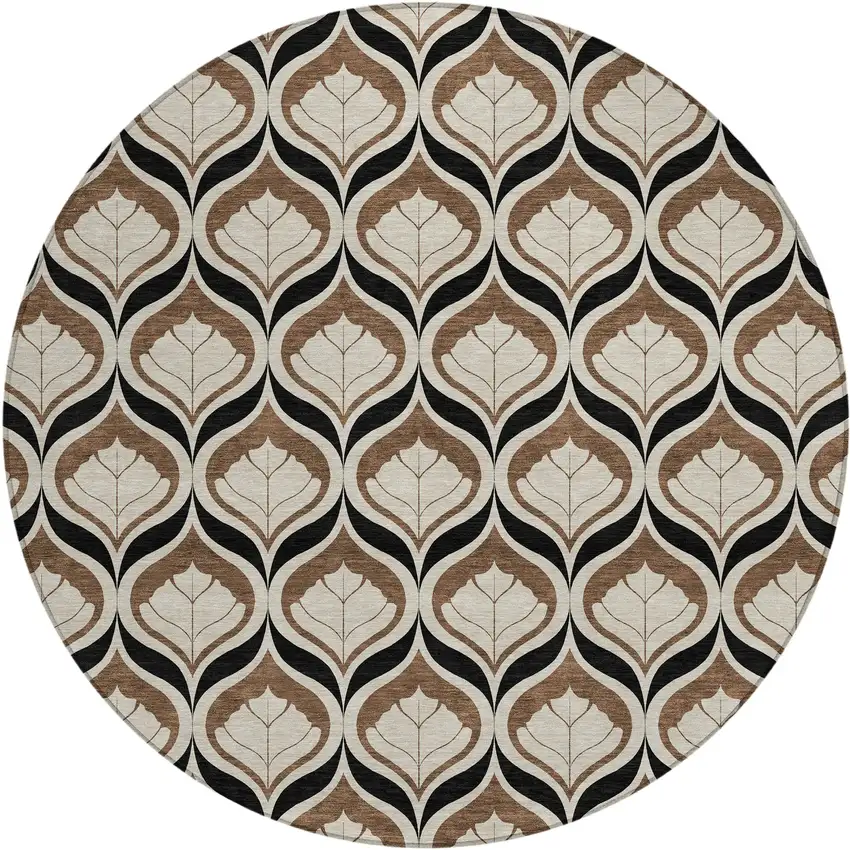 8' Chocolate Beige And Brown Round Geometric Washable Indoor Outdoor Area Rug Photo 1