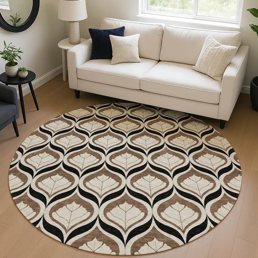8' Chocolate Beige And Brown Round Geometric Washable Indoor Outdoor Area Rug Photo 5