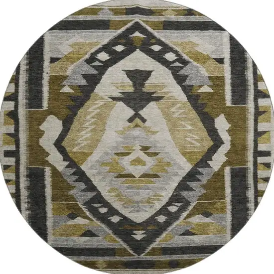 8' Chocolate Beige And Charcoal Tribal Washable Round Rug With UV Protection Photo 4