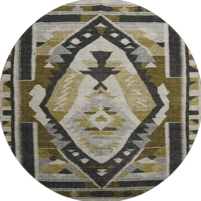 8' Chocolate Beige And Charcoal Tribal Washable Round Rug With UV Protection Photo 4