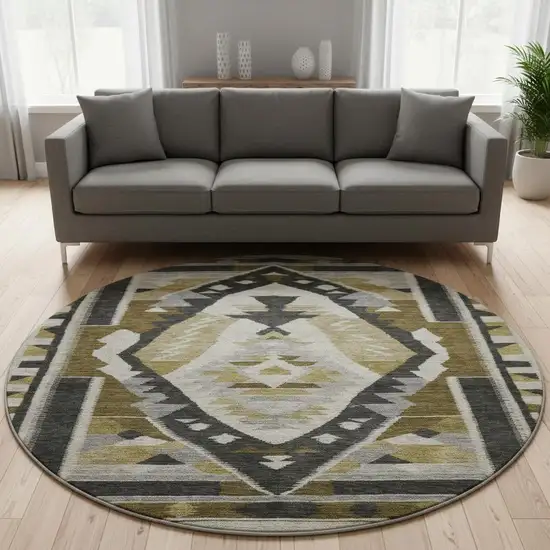 8' Chocolate Beige And Charcoal Tribal Washable Round Rug With UV Protection Photo 2