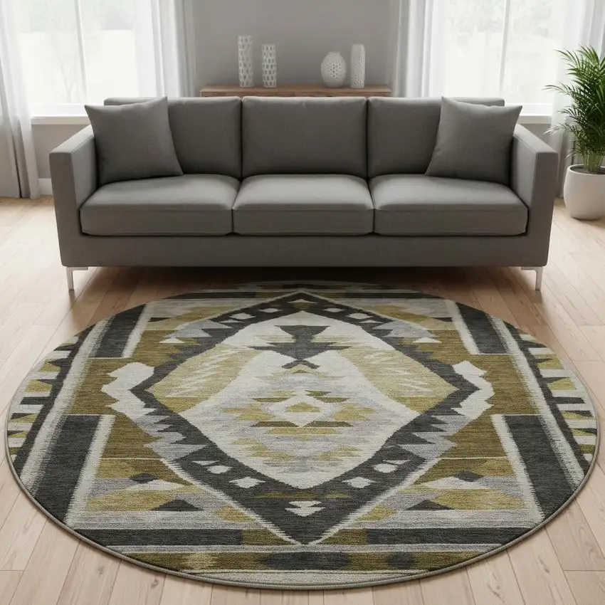 8' Chocolate Beige And Charcoal Tribal Washable Round Rug With UV Protection Photo 2