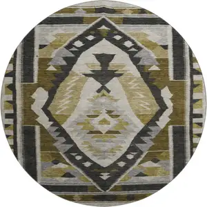 Photo of 8' Chocolate Beige And Charcoal Tribal Washable Round Rug With UV Protection