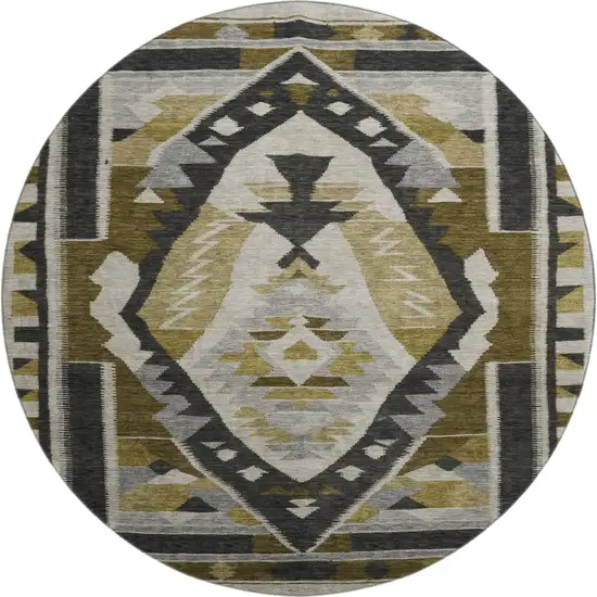 8' Chocolate Beige And Charcoal Tribal Washable Round Rug With UV Protection Photo 1