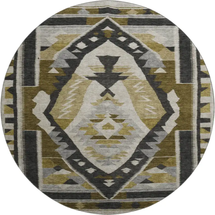 8' Chocolate Beige And Charcoal Tribal Washable Round Rug With UV Protection Photo 1